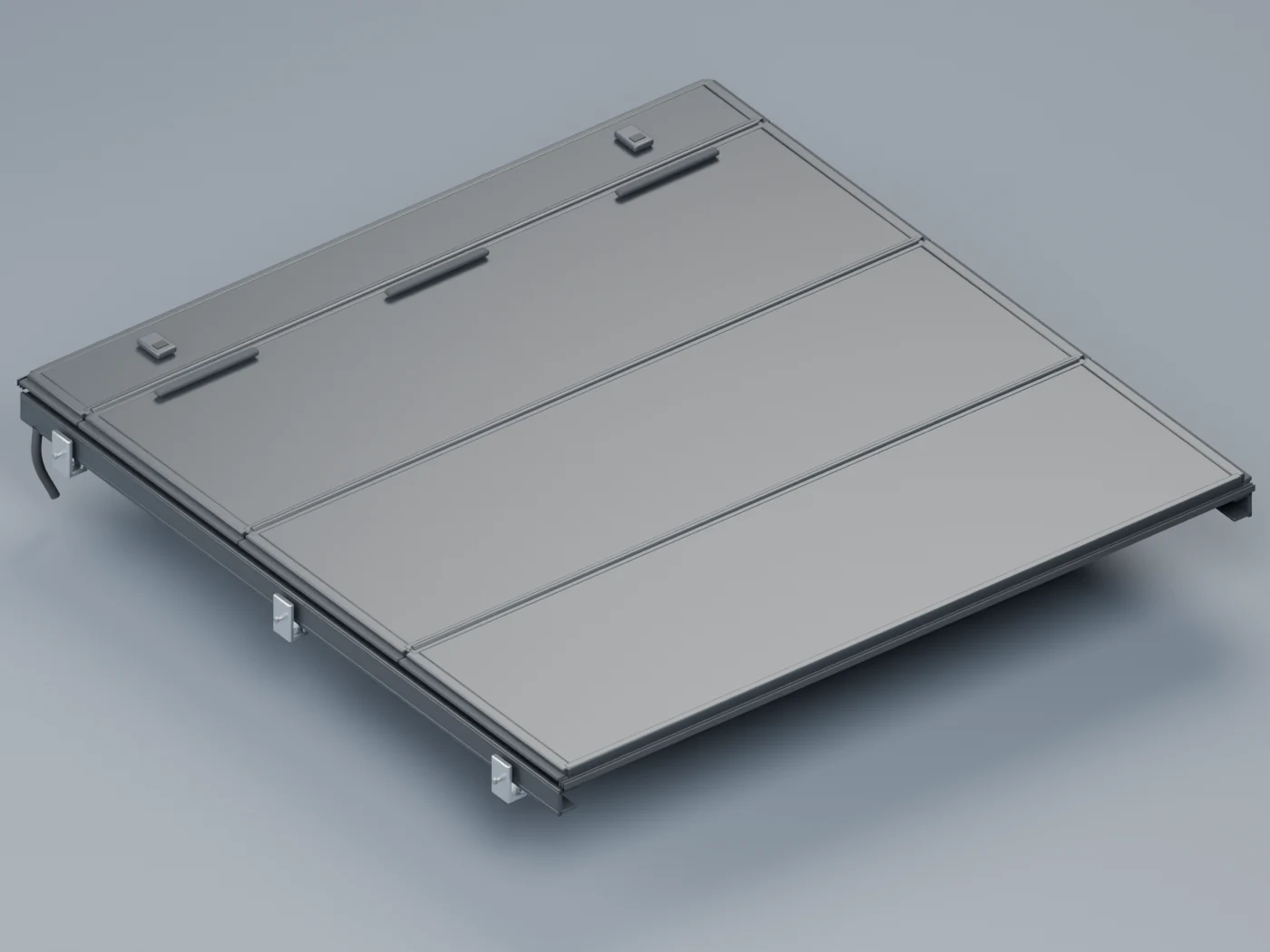 Folding tonneau model showing panels, hinges and latches