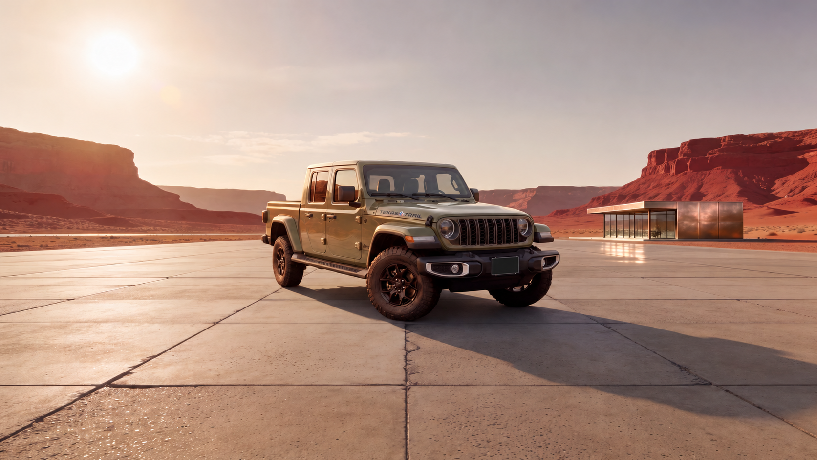 Gladiator automotive creative study in a desert architectural setting
